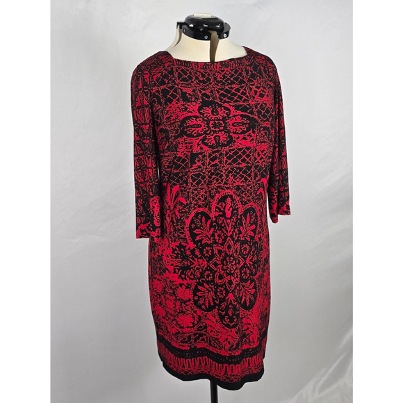 AB Studio Dress Women's 14 Red Black Aztec Floral Pattern Bodycon Long Sleeve - Picture 16 of 16